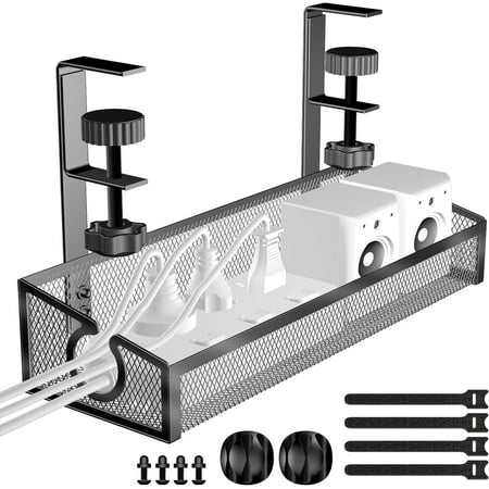 AmzDoer Under Desk Cable Management Tray , No Drill Organizer With Clamp for Wire Management, PC Cord Accessories & Workspace Organizers for Office, Home,Black