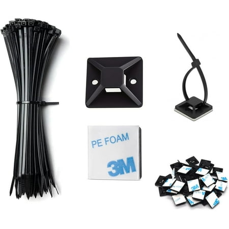 BDKWID-Cable Management Kit - 100 Set Adhesive Cable Zip Tie Mounts with 8" Zip Ties | UV Resistant Wire Organizers for Indoor/Outdoor Use-Black
