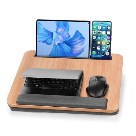 Coliware Portable Lap Desk, 15.7 Laptop Desk with Dual Cushion Wrist Pad Pad Phone Tablet Holder, Computer Pillow Desk Stand for Home Office, Wood Bed Tray Table - Walnut