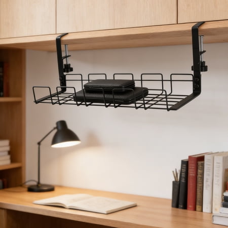 Eolstice Under Desk Cable Organizer No Drill, Stainless Steel Wire Management Tray with Adjustable Clamps, Fits Desk Tops 0.5 to 1.6 Inch Thick