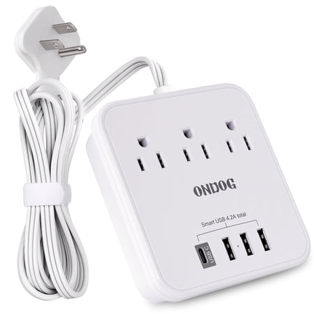 Power Strip with 3 AC Outlets & 4 USB Ports (1 USB-C), No Surge Protection 5 Ft Extension Cord, Suitable for Office, Home and Cruise, White