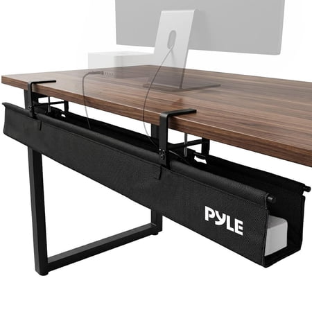 Pyle 36" Under Desk Cable Management Tray – Clamp or Screw Mount Wire Organizer with Fabric Design, Built-In Cable Ties, 20 lb Capacity for Large Workstations (Black)