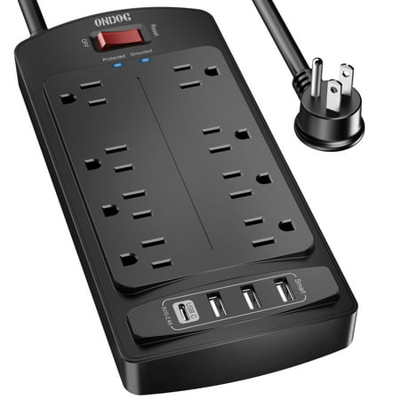 Surge Protector Power Strip , ONDOG 6ft Extension Cord with 8 Outlets and 3USB Ports & 1USB C Port, 2700 Joules, ETL Listed, Black