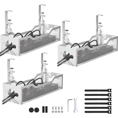 Under Desk Cable Management Tray 3 Pack, Cable Management Under Desk No Drill, Cable Organizer with Clamp for Wire Management, Cord Organizer for Office, Home - No Damage to Table (White)