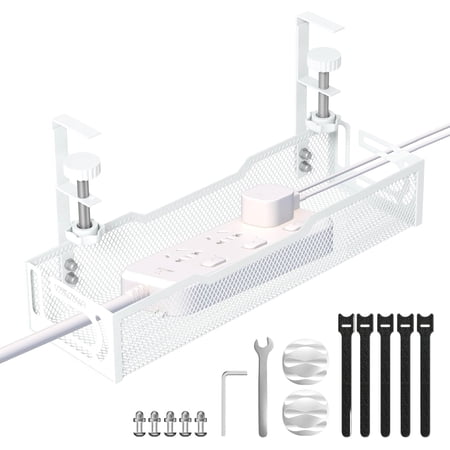 Under Desk Cable Management Tray, No Drill Mesh Desk Cable Tray, Wire Management Tray Cable Management Rack, Wire Organizer and Cable Management Box (White)