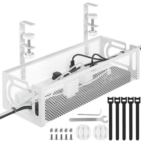 Under Desk Cable Management Tray White, IRmm Cable Management Under Desk No Drill, Cable Tray with Clamp for Desk Wire Management,Desk Cable Management Box for Office, Home - No Damage to Desk