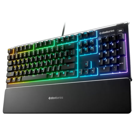 SteelSeries Apex 3 full-size — whisper quiet switches with magnetic wrist rest