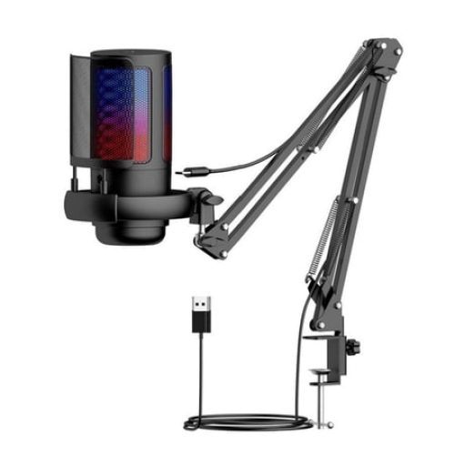 Gaming USB Microphone for PC，Podcast Microphone Kit for Streaming, Condenser Mic with Quick Mute, Boom Arm, Pop Filterm, RGB Indicator,...